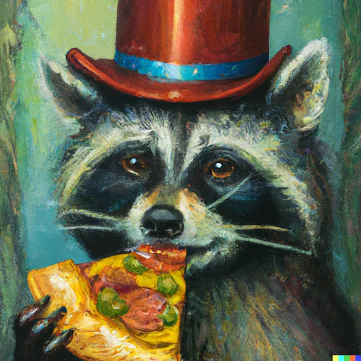 DALL•E (April 2022) generated image for the following prompt: 'oil painting of a raccoon with a tophat and monocle with a slice of fancy pizza.' Luca uses this image for theirs work account A raccoon wearing a top hat and holding a pizza slice. Luca sometimes uses this image as their online profile picture.